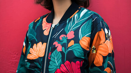 Woman wearing a floral bomber jacket.