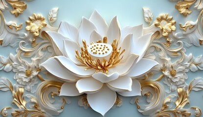 White and Gold Flower with 3D Design, Floral Art, Intricate Details, Elegant, Luxurious, Beautiful, Stylish, Stunning, Refined,  Modern Floral Art