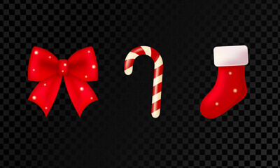 New Year's decorations for the Christmas tree and home. Red ribbon bow, candy and red sock for gifts. Vector