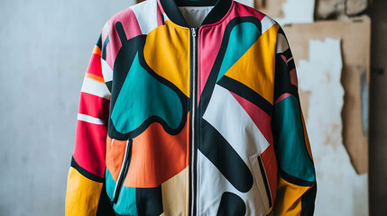 Colorful bomber jacket with geometric pattern.