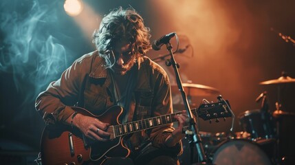 Fototapeta premium Musician playing an instrument on a dimly lit stage, captured with moody, cinematic lighting