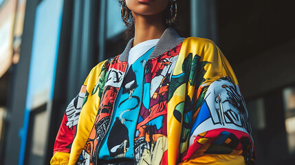 A woman in a bright, colorful bomber jacket with cartoon characters printed on it.