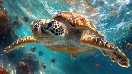 Fototapeta premium vibrant underwater scene majestic sea turtle gliding through crystalclear waters surrounded by a kaleidoscope of tropical fish and vibrant coral formations