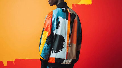 A man wearing a colorful, patterned bomber jacket.