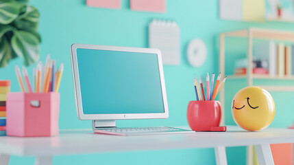 A vibrant and colorful classroom scene showcasing a variety of school supplies neatly arranged on desks