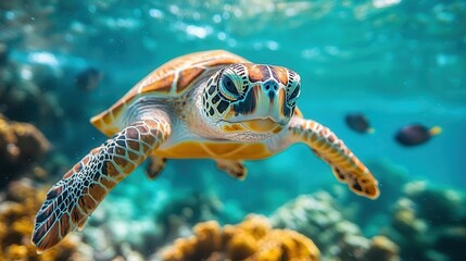 Fototapeta premium vibrant underwater scene majestic sea turtle gliding through crystalclear waters surrounded by a kaleidoscope of tropical fish and vibrant coral formations