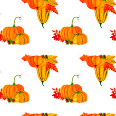 Pumpkin and autumn leaves seamless pattern, watercolor botanical illustration, for prints, invitations, cards for the autumn holidays Thanksgiving, Halloween, harvest festival, farmer's market.