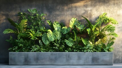 Lush urban garden, concrete rectangular planters, abundant tropical foliage, monstera leaves, ferns, trailing plants, modern architectural backdrop, minimalist design.