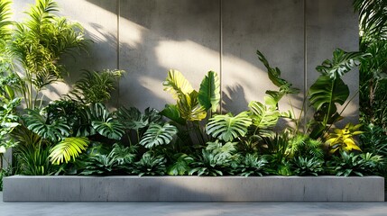 Lush urban garden, concrete rectangular planters, abundant tropical foliage, monstera leaves, ferns, trailing plants, modern architectural backdrop, minimalist design.