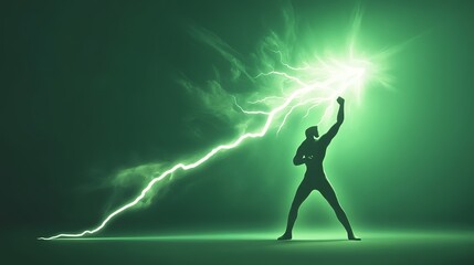 A man figure firmly gripping a bright green lightning bolt, symbolizing strength and energy. 3D illustration on a green background. 3D model of a stick man gripping a lightning bolt. 