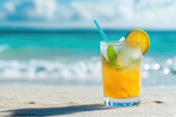 Tropical cocktail standing on white sand beach with turquoise sea background