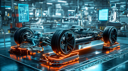 Fototapeta premium Artistic A stylized, artistic rendering of an electric vehicle chassis, with exaggerated shapes and bold colors. The factory floor is abstract
