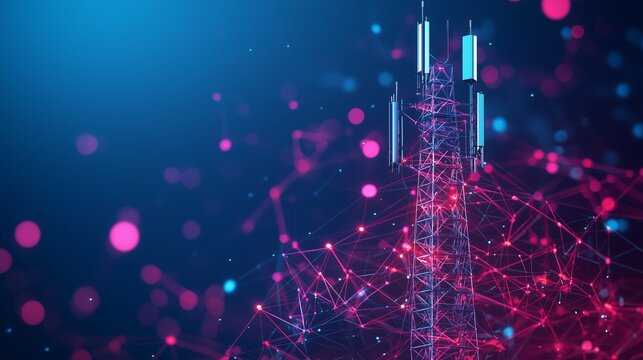 3d illustration of a telecom base station receiver with abstract digital connections, symbolizing modern telecommunications infrastructure.