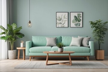 Mint Green Sofa in a Modern Living Room with Greenery and a Wooden Coffee Table