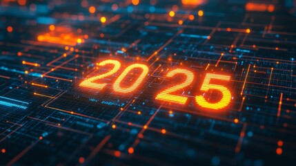 This futuristic design features the glowing numbers "2025" on a dark, textured earth to symbolize the year of new technology.