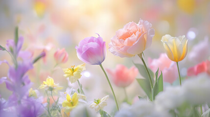 Soft-focus field of colorful spring flowers