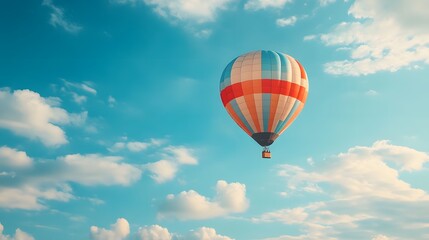 Fototapeta premium One Colorful hot air balloon floating in a clear blue sky, vibrant rainbow patterns, wispy white clouds, bright sunlight, panoramic view, adventure theme, summer day.