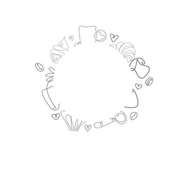 Vector line art coffee shop logo with mug, book, French press, and coffee bag illustration.

