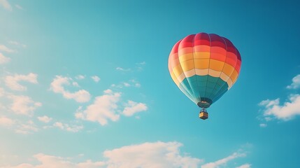 Naklejka premium One Colorful hot air balloon floating in a clear blue sky, vibrant rainbow patterns, wispy white clouds, bright sunlight, panoramic view, adventure theme, summer day.
