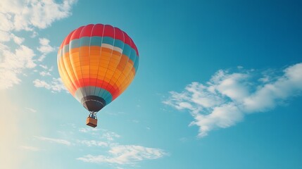 Naklejka premium One Colorful hot air balloon floating in a clear blue sky, vibrant rainbow patterns, wispy white clouds, bright sunlight, panoramic view, adventure theme, summer day.