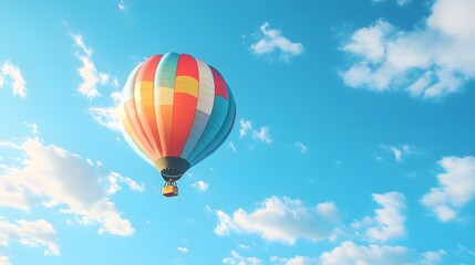 Obraz premium One Colorful hot air balloon floating in a clear blue sky, vibrant rainbow patterns, wispy white clouds, bright sunlight, panoramic view, adventure theme, summer day.
