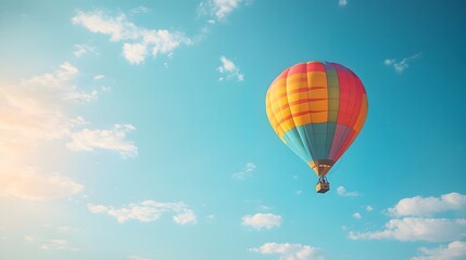 Obraz premium One Colorful hot air balloon floating in a clear blue sky, vibrant rainbow patterns, wispy white clouds, bright sunlight, panoramic view, adventure theme, summer day.