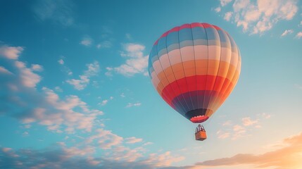 Obraz premium One Colorful hot air balloon floating in a clear blue sky, vibrant rainbow patterns, wispy white clouds, bright sunlight, panoramic view, adventure theme, summer day.