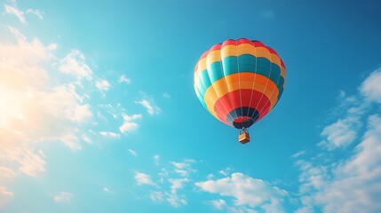 Obraz premium One Colorful hot air balloon floating in a clear blue sky, vibrant rainbow patterns, wispy white clouds, bright sunlight, panoramic view, adventure theme, summer day.