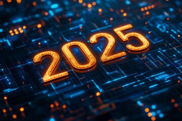 Abstract digital background banner displaying data points connected to the year 2025 in blue and black