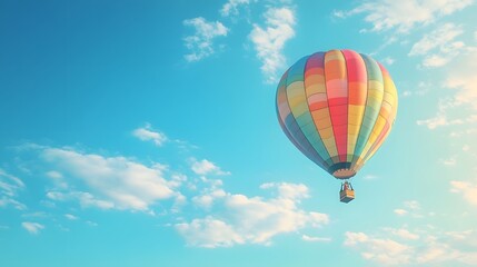 Obraz premium One Colorful hot air balloon floating in a clear blue sky, vibrant rainbow patterns, wispy white clouds, bright sunlight, panoramic view, adventure theme, summer day.