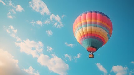 Fototapeta premium One Colorful hot air balloon floating in a clear blue sky, vibrant rainbow patterns, wispy white clouds, bright sunlight, panoramic view, adventure theme, summer day.