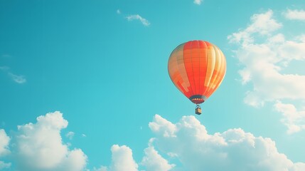Fototapeta premium One Colorful hot air balloon floating in a clear blue sky, vibrant rainbow patterns, wispy white clouds, bright sunlight, panoramic view, adventure theme, summer day.