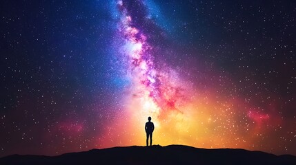 Fototapeta premium Stunning Milky Way galaxy, vibrant starry night sky, silhouette of a person standing on horizon, cosmic beauty, astrophotography, deep space, colorful nebula, celestial landscape.