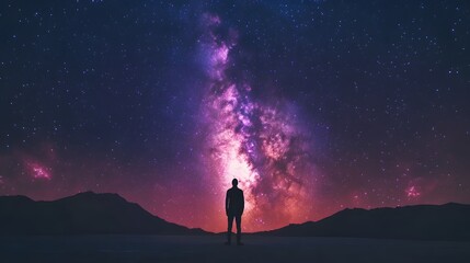Fototapeta premium Stunning Milky Way galaxy, vibrant starry night sky, silhouette of a person standing on horizon, cosmic beauty, astrophotography, deep space, colorful nebula, celestial landscape.