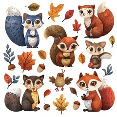 Fototapeta premium A collection of charming autumn animals showcases a fox, squirrel, owl, and other critters surrounded by colorful leaves and acorns, capturing a playful autumn vibe