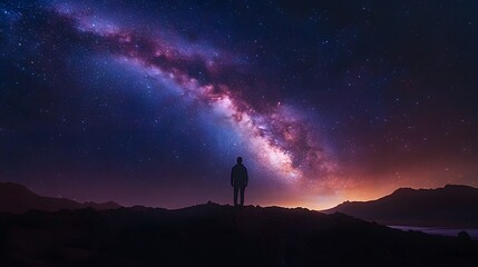 Fototapeta premium Stunning Milky Way galaxy, vibrant starry night sky, silhouette of a person standing on horizon, cosmic beauty, astrophotography, deep space, colorful nebula, celestial landscape.