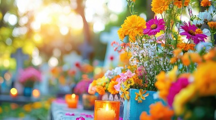 Vibrant flowers and candles adorn a cemetery for Day of the Dead, providing a poignant backdrop with ample space above for narrative text to honor loved ones in remembrance.