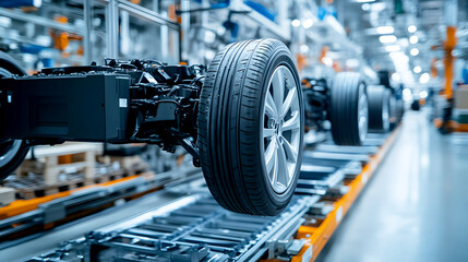 Close-up Focus A detailed close-up shot of a specific section of the electric vehicle chassis, such as the battery or wheel assembly, with the factory floor blurred in the background