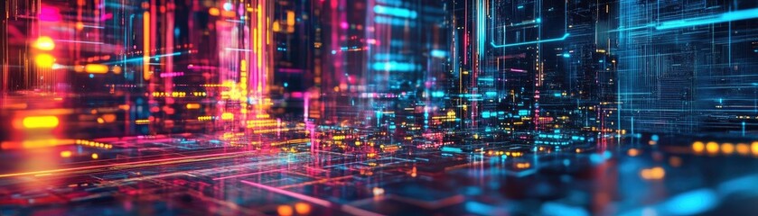 Futuristic digital landscape with vibrant neon lights and intricate patterns, representing advanced technology and innovation.
