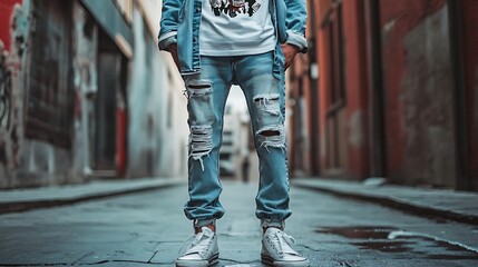 A person wearing distressed jeans and white sneakers stands in a city alleyway.
