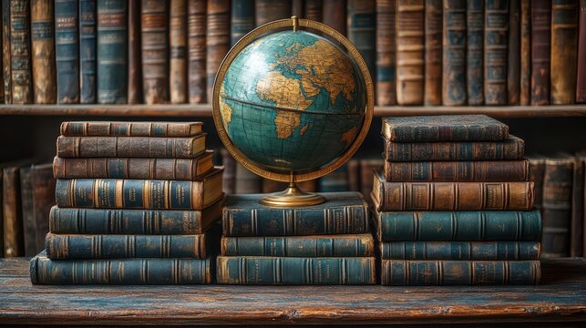 weathered antique books stacked around vintage brass globe warm ambient lighting rich textures symbolizing global knowledge and exploration
