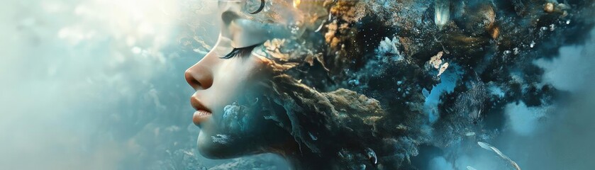 Obraz premium An ethereal portrait depicting a serene individual submerged in dreamy waters, embodying tranquility and nature's beauty.