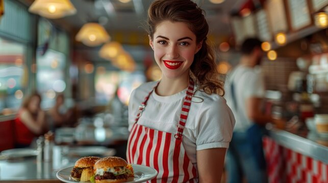 A classic diner waitress in a vintage uniform serving food