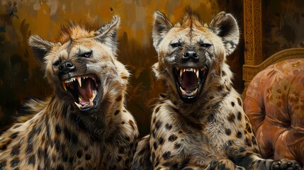 Obraz premium Two Hyenas with Open Mouths: A Close Up Portrait of Wildness