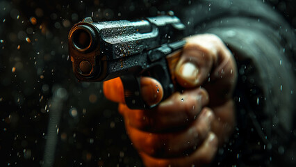 Close-up of a pistol being held in a steady hand during a tense moment in the rain