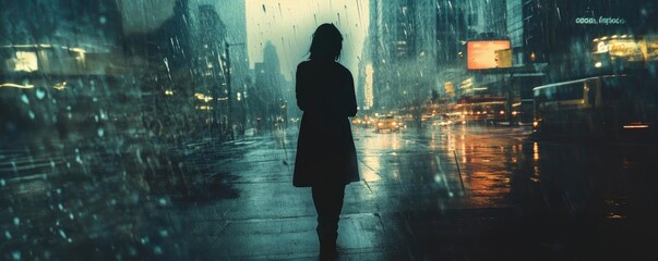 Fototapeta premium A solitary figure stands in the rain, reflecting on the vibrant city lights, creating a moody atmosphere of introspection.