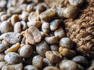 Green coffee beans poured out of a brown sack, Close-up of unroasted coffee bean, macro
