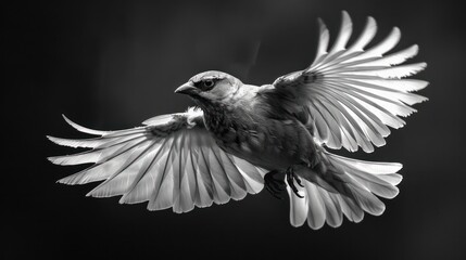 Bird in flight captured in high contrast black and white, showcasing the dynamic play of light and shadow on its wings