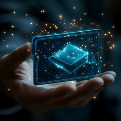 Futuristic Digital Hologram Projection of Levitating Cubes and Spheres in Glowing Spectrum