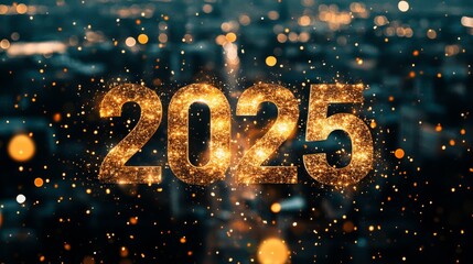 Happy New Year golden text gold glitter urban skyline high-tech futurism background banner modern minimalist celebration holiday greeting card 2025